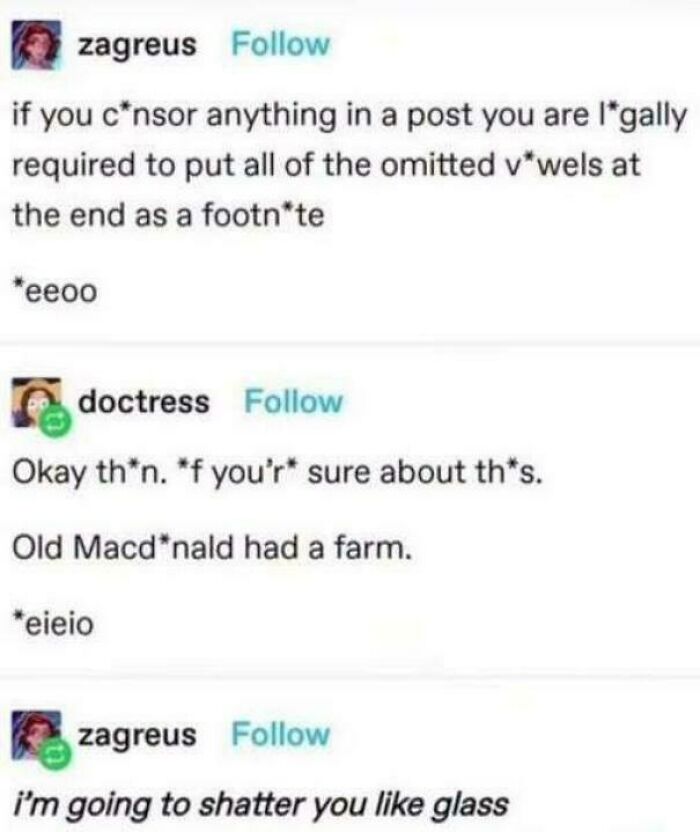A series of funny tweets discussing censorship rules and vowels, illustrating humorous random jokes.