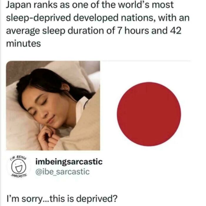 A meme about Japan being sleep-deprived next to a flag of Japan, offering random jokes.