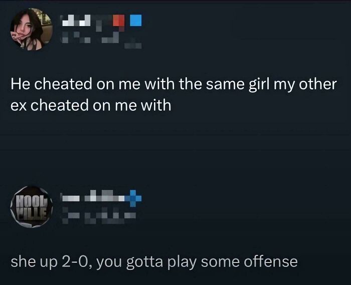 A tweet about exes cheating with the same person, offering a random joke about playing offense.