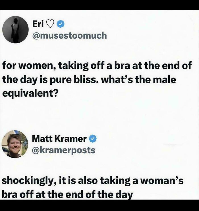 A humorous tweet exchange about taking off a bra provides random jokes for a laugh.