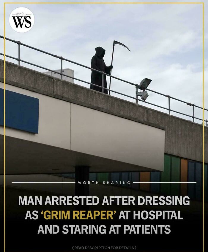 A person dressed as the Grim Reaper stands on a hospital roof, providing a random joke.