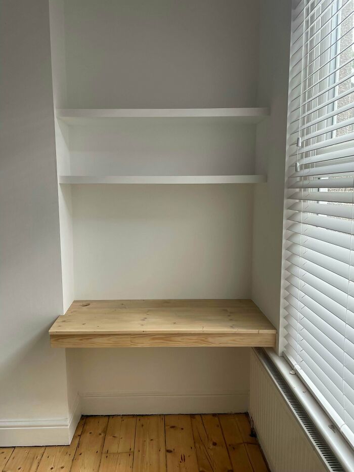 Before and after of a home renovation featuring built-in shelves and a desk, showcasing amazing things.