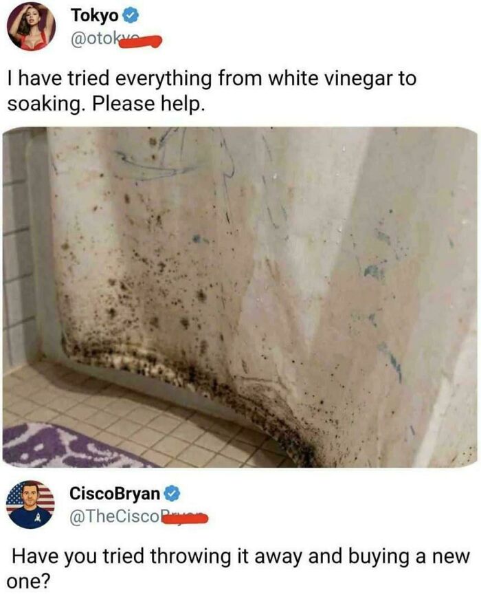 A humorous social media post about a moldy shower curtain and a witty suggestion, featuring random jokes.