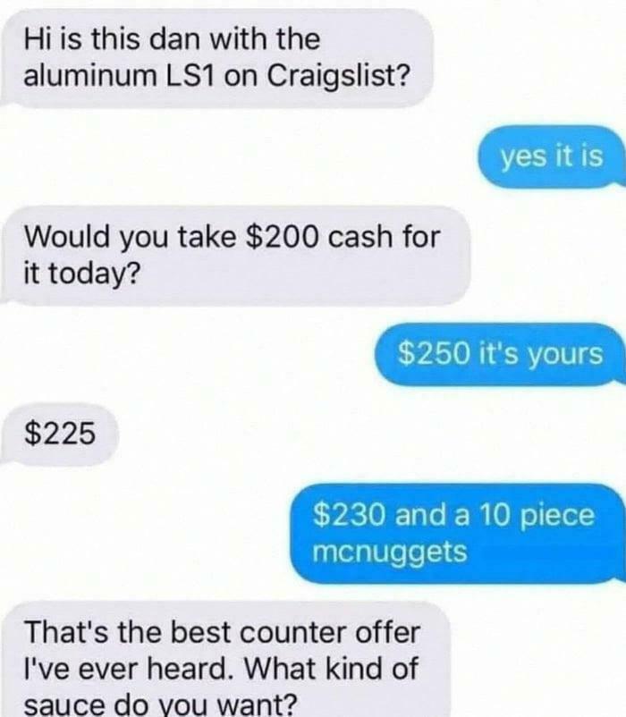 A funny text message negotiation including an engine and McNuggets, providing random jokes and laughs.