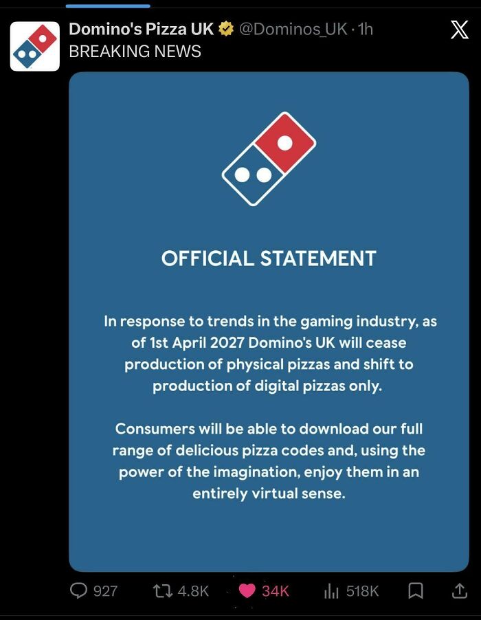A statement from Domino's Pizza UK announcing a shift to digital pizzas, a humorous post for random jokes.