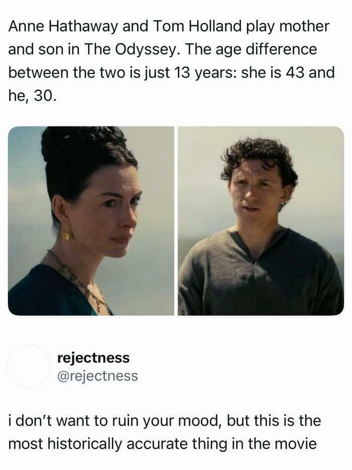 Side-by-side images of Anne Hathaway and Tom Holland, highlighting an age difference, inspiring random jokes.