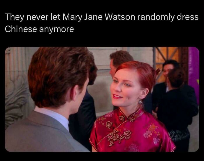 Mary Jane Watson from Spider-Man, wearing a traditional Chinese dress, a moment for random jokes.
