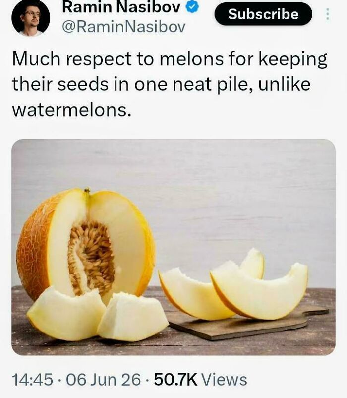 A cantaloupe cut into pieces, with its seeds neatly piled, a funny observation for random jokes.