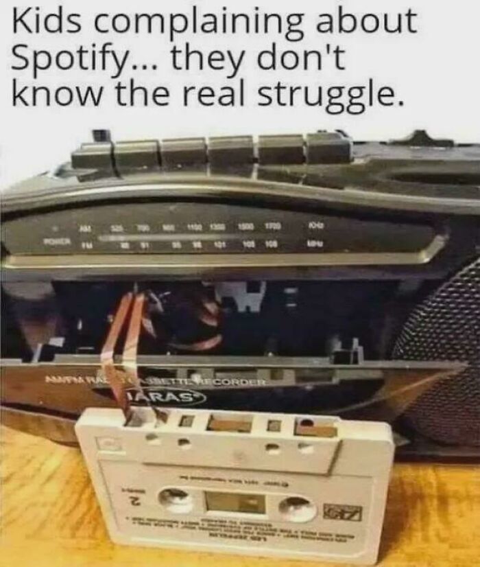 A broken cassette tape next to a boombox, a relatable random joke about the struggle of old tech.