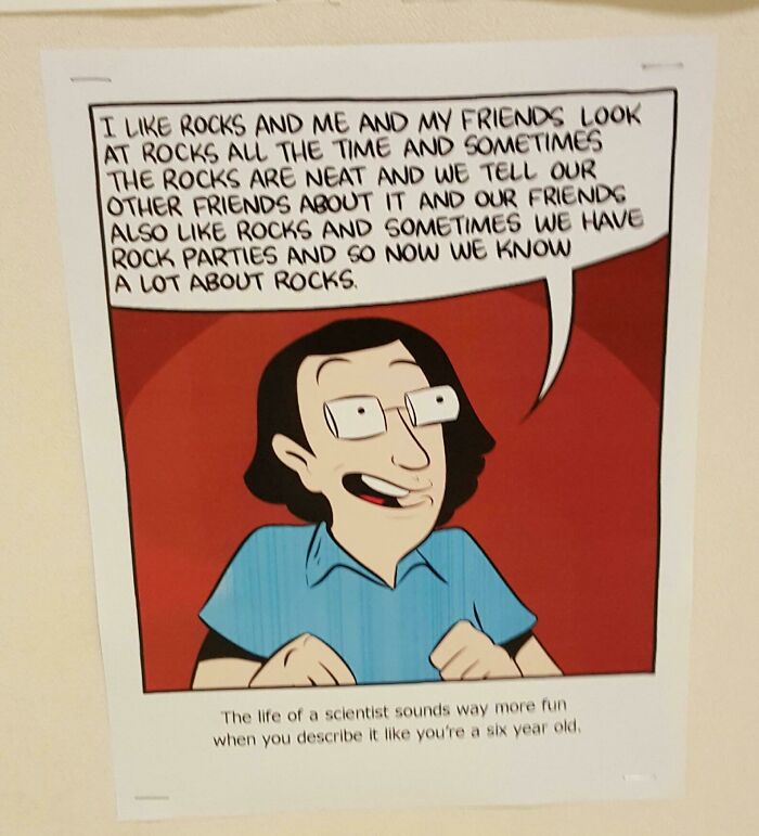 A comic of a scientist explaining rocks like a child, one of many random jokes.