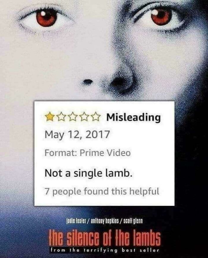A movie poster for The Silence of the Lambs with a humorous one-star review, a funny random joke.