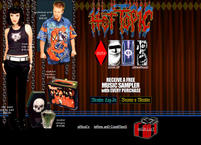A chaotic old internet Hot Topic website screenshot, displaying merchandise and offering a music sampler, capturing retro vibes.