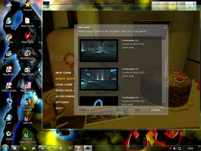 A screenshot of a desktop from the old internet, showing a game load menu over a Portal wallpaper, evoking chaotic nostalgia.