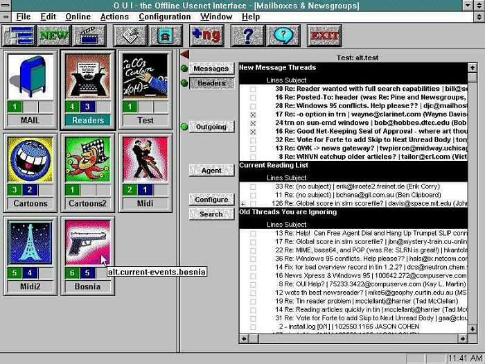 A screenshot of the Offline Usenet Interface (OUI) with various mail and newsgroup options, representing the old Internet. Kids can't comprehend.