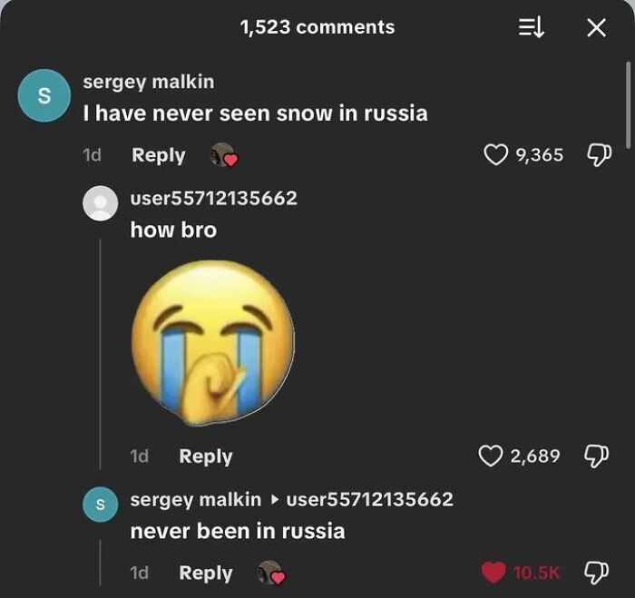 A funny social media comment exchange about not seeing snow in Russia, a random joke for a laugh.