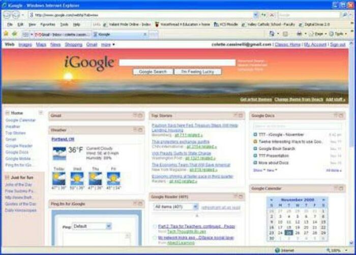 A screenshot of the old internet iGoogle homepage in Windows Internet Explorer, showing widgets and a sunset theme.