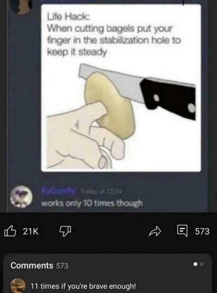 A humorous image showing a fake life hack for cutting bagels, with a funny warning about random jokes.