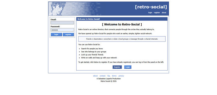 A vintage old internet login page for Retro-Social, a directory connecting people through shared interests.