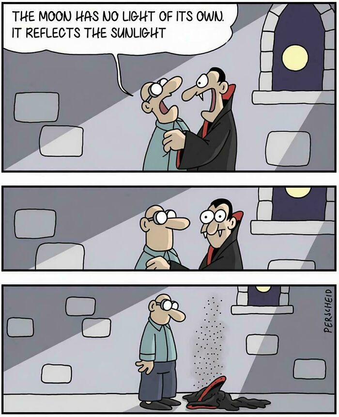 A comic strip about a vampire turning to dust when told the moon reflects sunlight, a random joke.
