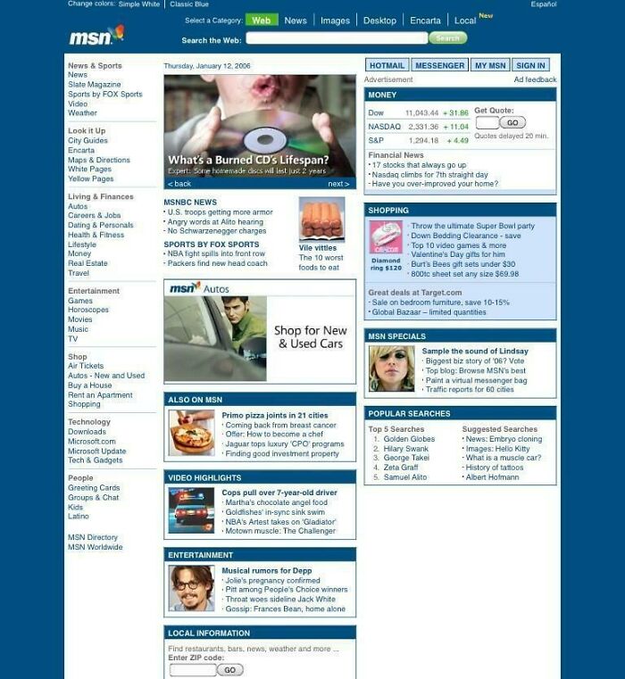 A screenshot of the old internet MSN homepage from January 2006, featuring news, ads, and entertainment sections.
