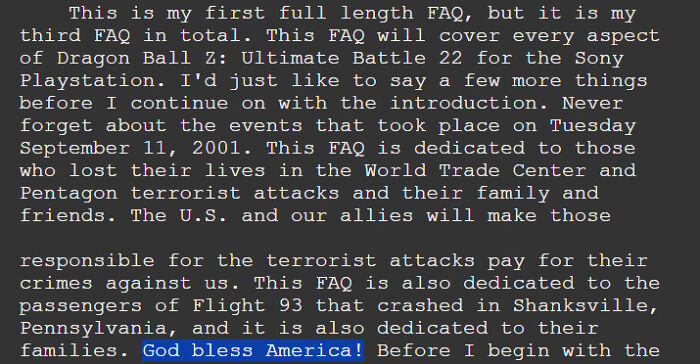 An old Internet text-based FAQ document discussing Dragon Ball Z, with a dedication related to 9/11. Kids today can't comprehend it.
