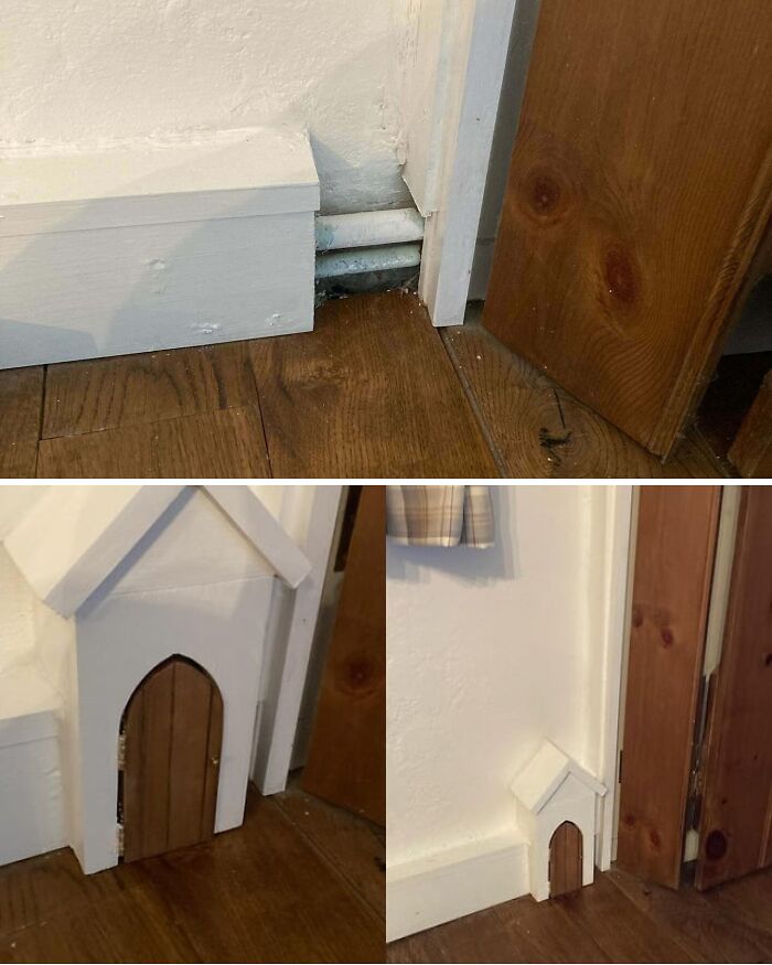Creative home renovation with a tiny house-shaped mouse door built into the baseboard, an amazing detail.