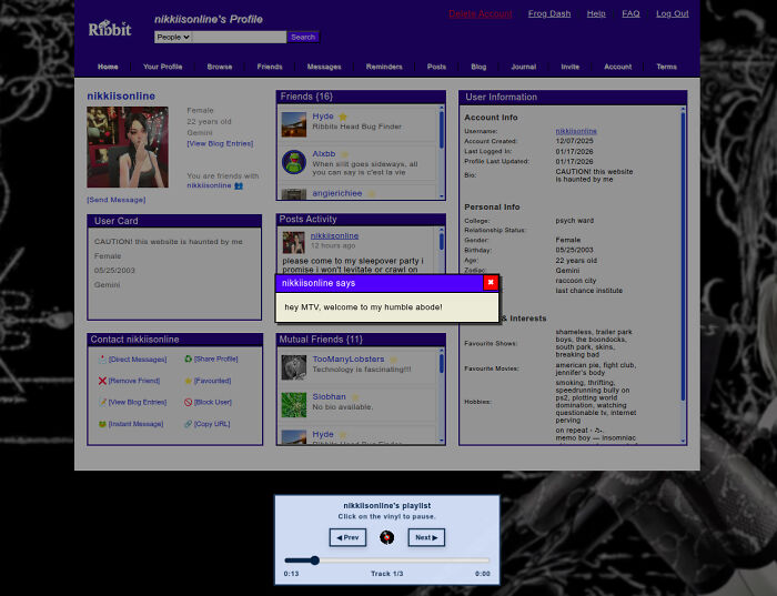 Screenshot of a Ribbit social media profile, a glimpse into the Old Internet's early social networking platforms.