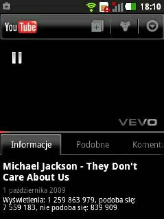 A mobile YouTube interface from the Old Internet, showing Michael Jackson's They Don't Care About Us video page.
