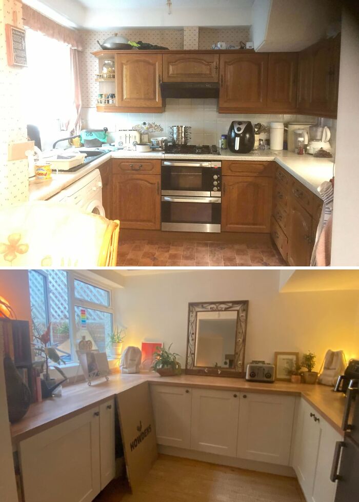 Before and after of a kitchen, highlighting the effort people put into renovating their homes and achieving amazing things.