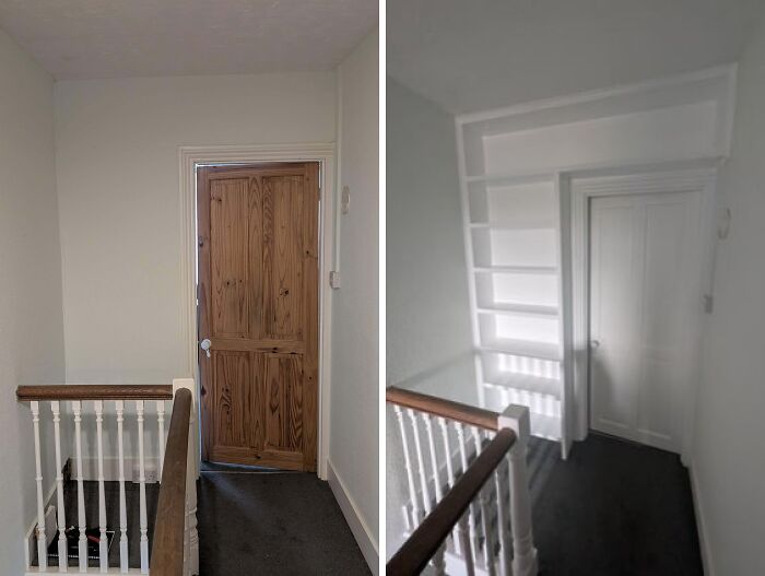 Before and after of a hallway door and custom shelving, showcasing the amazing things people achieve when renovating their homes.