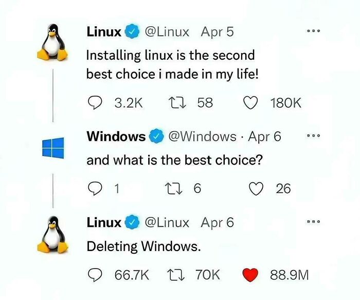 A Twitter exchange between Linux and Windows accounts, a random joke.