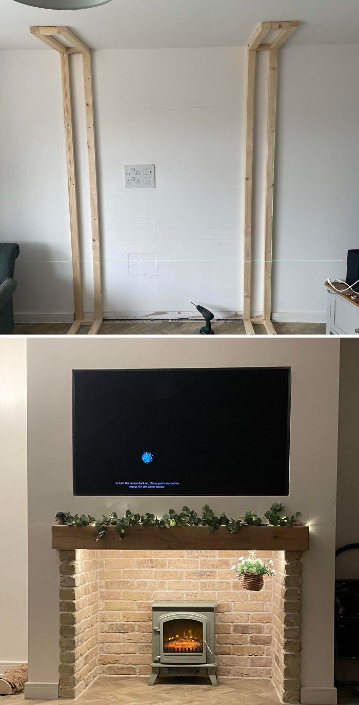 Before and after of a living room fireplace and TV wall. A remarkable home renovation showing the amazing things people achieve.