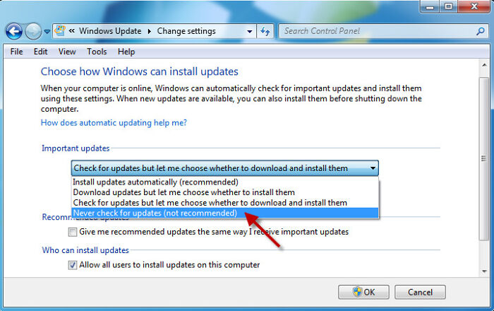 A Windows update screen from the old Internet, displaying chaotic options for managing system updates.