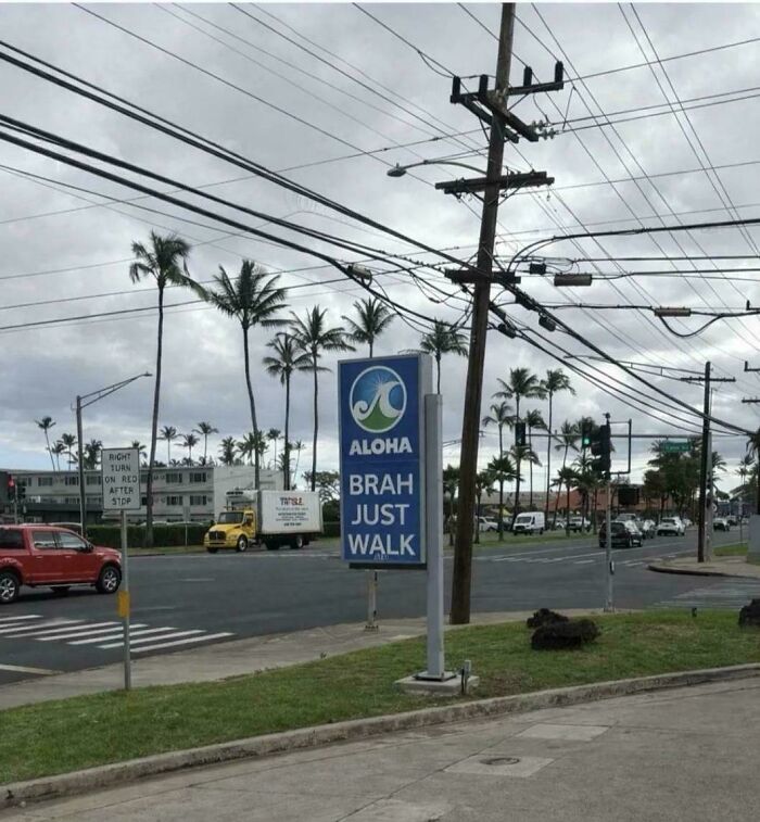 A street scene with a sign that says Aloha Brah Just Walk, and palm trees in the background, a random joke.