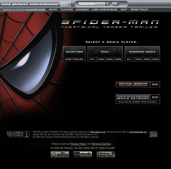 The old Internet's Spider-Man movie website with media player options, a chaotic relic of early web design.