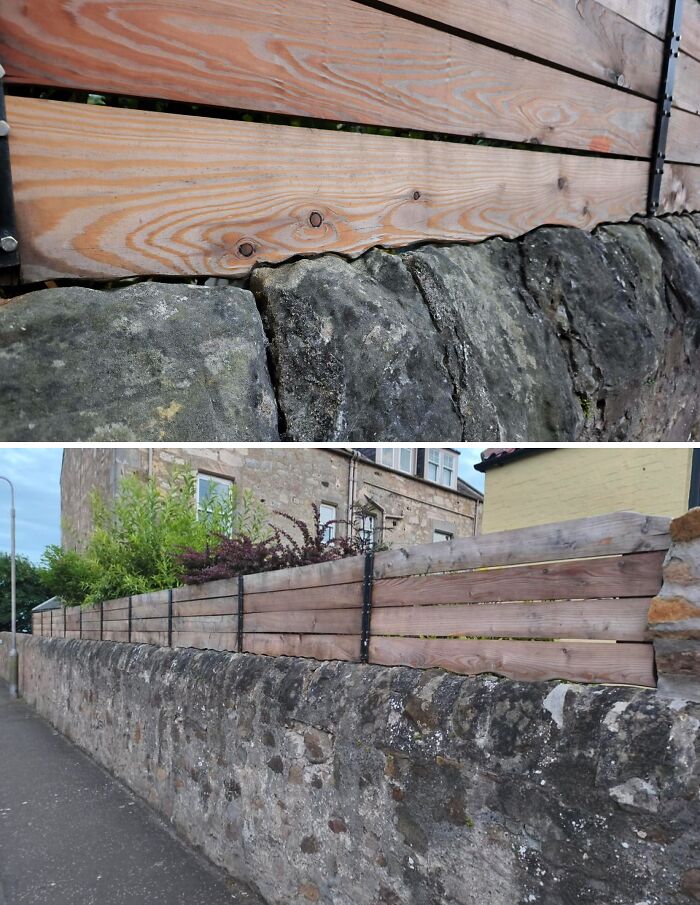 Before and after a home renovation project, displaying an amazing transformation of an outdoor stone wall with a new fence.