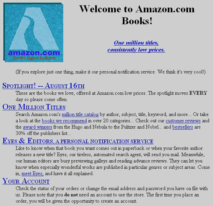 A vintage Amazon.com Books homepage from the old Internet, illustrating the chaotic early days of online retail.