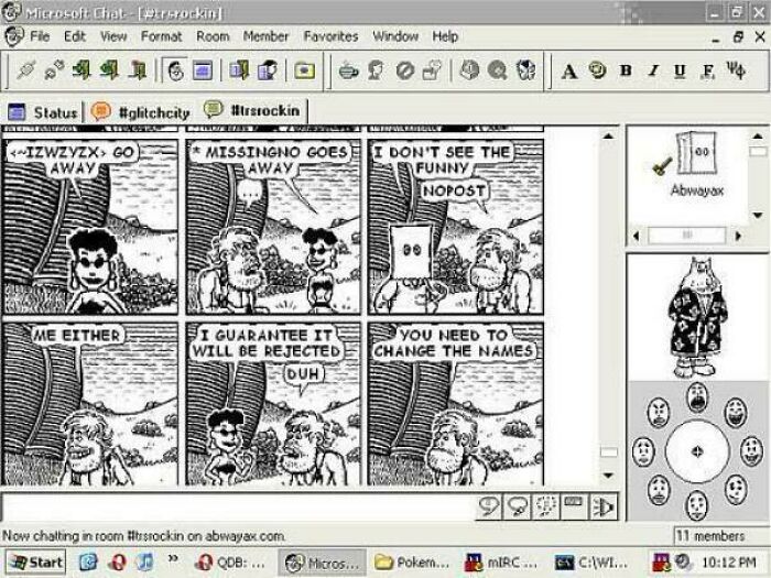A screenshot of Microsoft Chat, displaying comic strips and avatars, illustrating the old internet's social platforms.