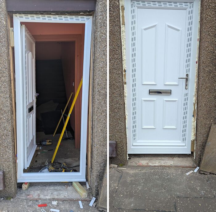 A before-and-after of a front door renovation, illustrating people putting time and effort into their homes. The old door is replaced with a new white door, achieving amazing things.