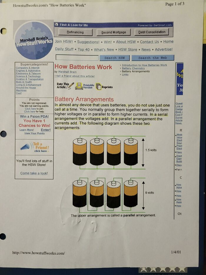 A printed webpage from HowStuffWorks.com explaining battery arrangements, an example of the old internet content.