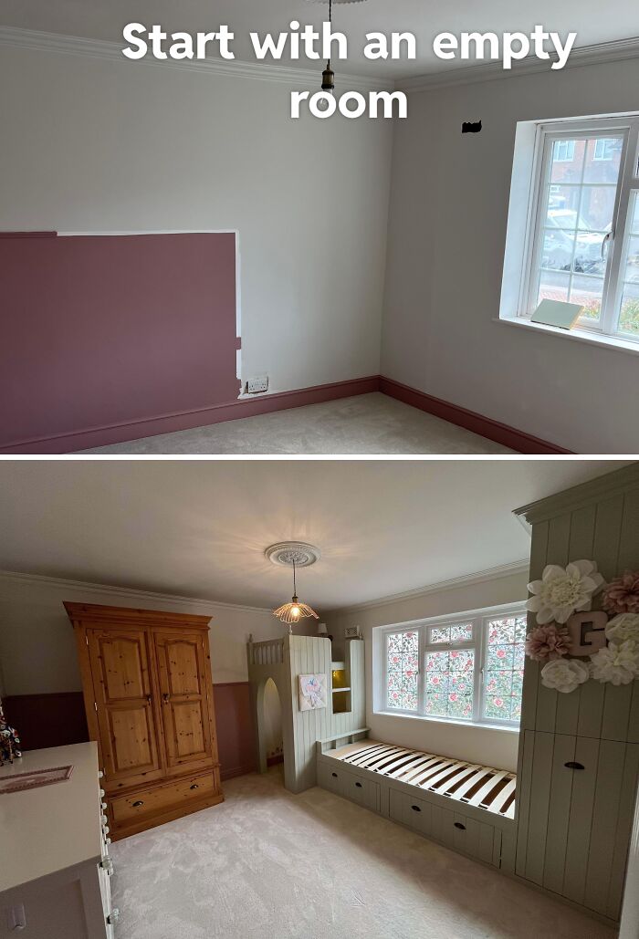 A before-and-after of a child's bedroom renovation, showing people putting time and effort into their homes. The empty room transforms into a charming space with custom furniture.