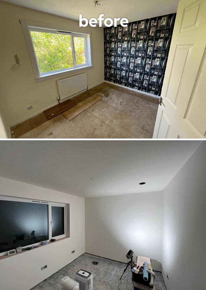 A before-and-after of a home renovation, demonstrating people putting time and effort into their homes. The room transforms from dated wallpaper to a clean, modern look, showcasing amazing things.