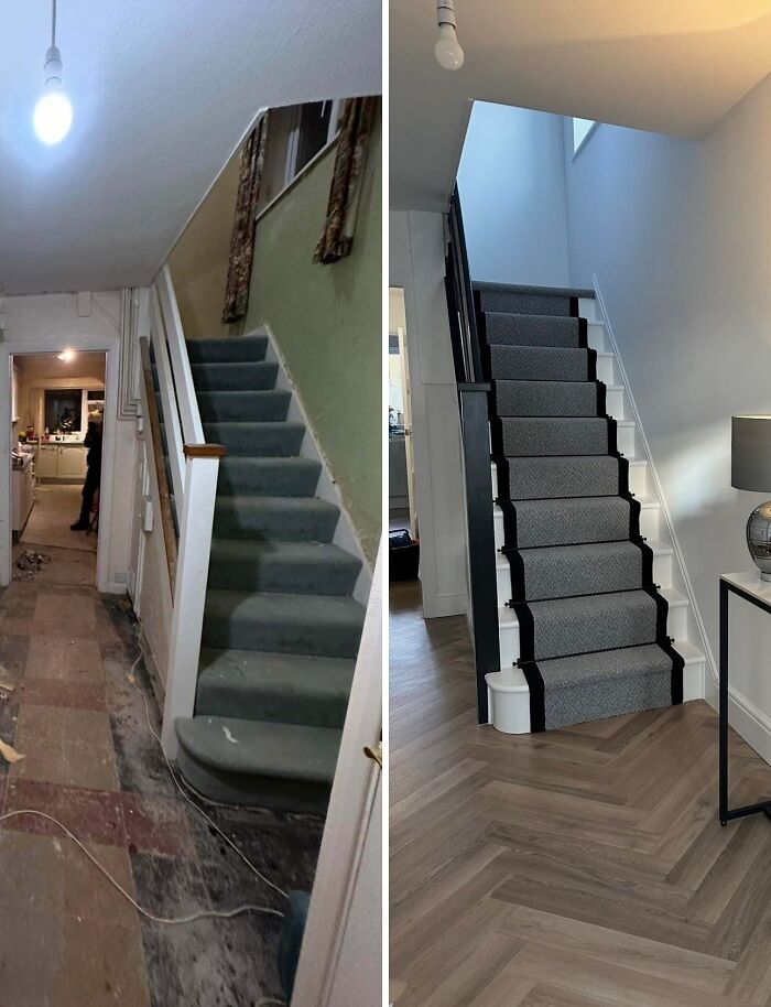 A before and after image showing a home renovation of a staircase and hallway, transforming the space amazingly.