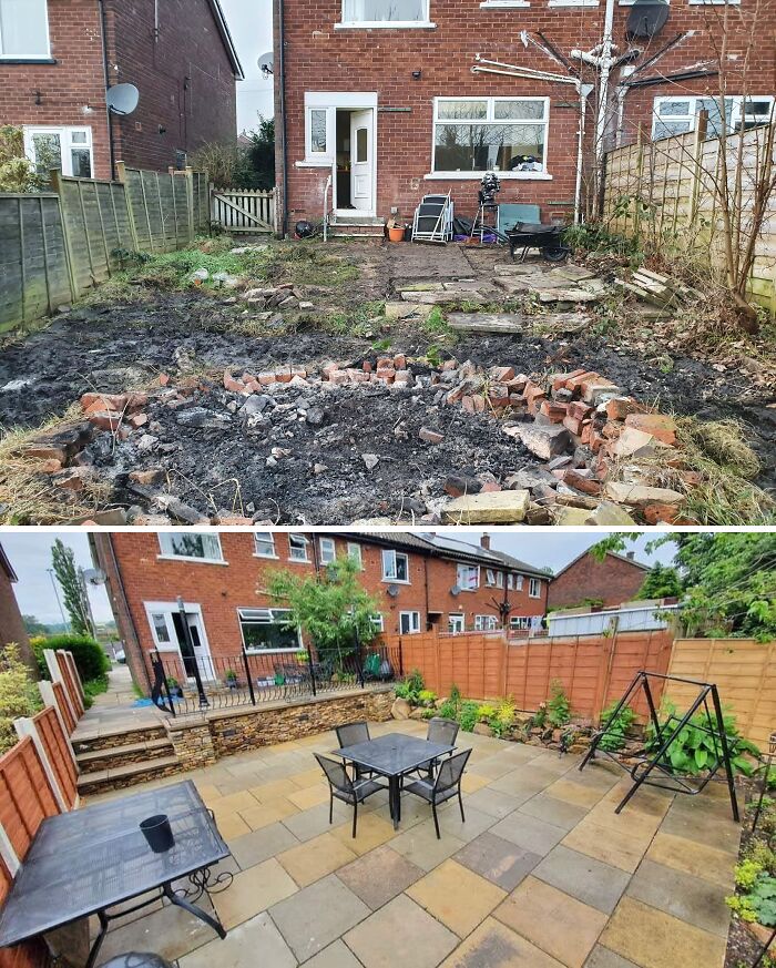 Before and after renovation of a home's backyard, showcasing amazing transformation with new patio and landscaping.