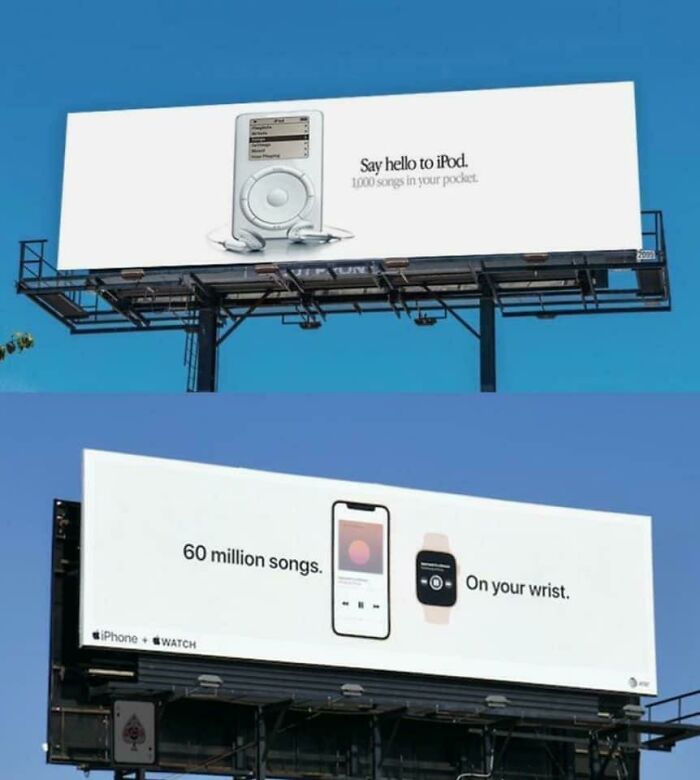 Two billboards, one advertising an iPod and the other an iPhone and Watch, showcasing fascinating finds from the internet.