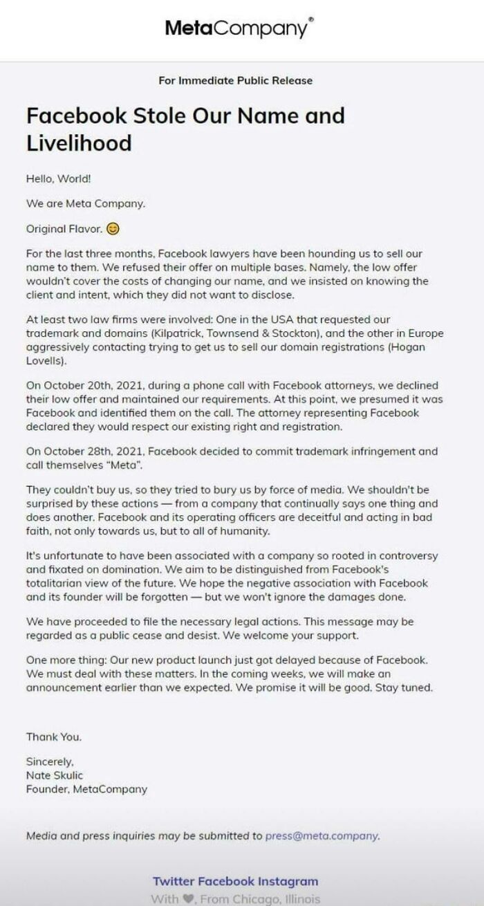 A screenshot of a press release from MetaCompany stating that Facebook stole their name, a fascinating find from the internet.