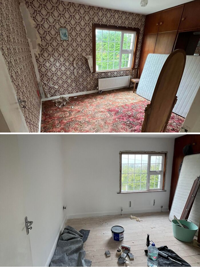 Before and after images of a room renovation, highlighting amazing efforts in transforming an outdated space.