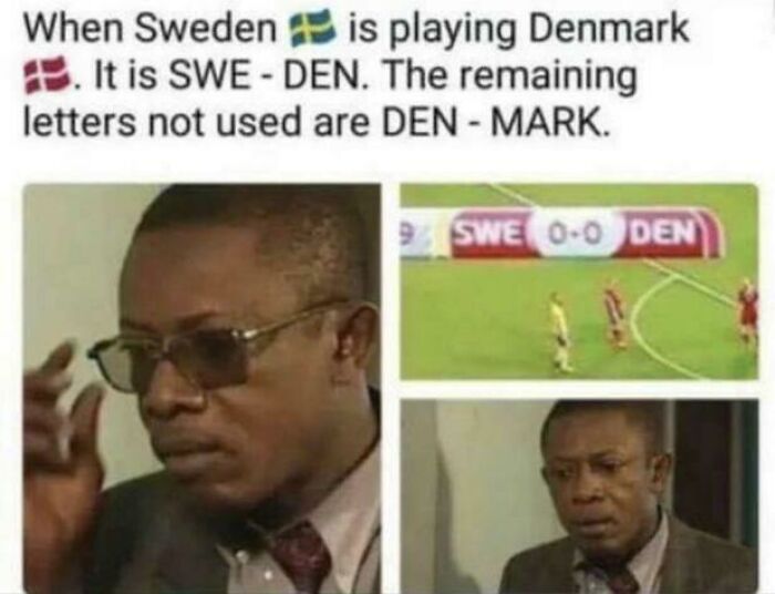A meme explaining the wordplay of Sweden vs Denmark in a football match, a fascinating find.