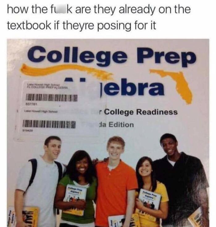 A College Prep Algebra textbook featuring students posing on the cover, a fascinating find.