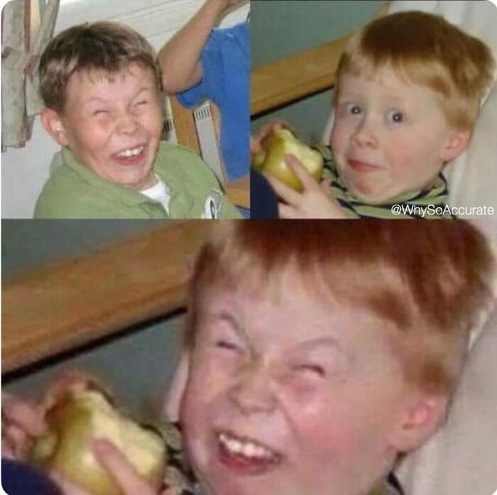 A collage of a young boy making funny, exaggerated faces while eating an apple, a fascinating find that makes you smile.